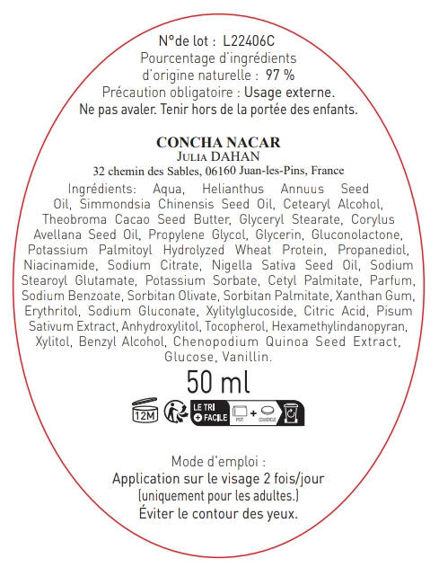 Composition et numéro de lot crème de nuit Conchanacar